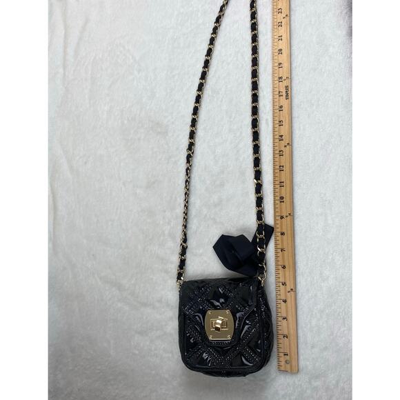 Talbots Black Quilted Leather Crossbody Bag Gold Chain Strap Bow Patent Finish - Picture 8 of 9